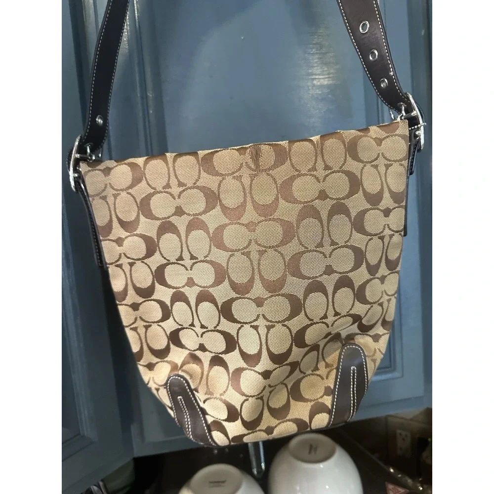 Coach Signature C Jacquard Large Shoulder Hobo Bag Brown Leather Style 6076